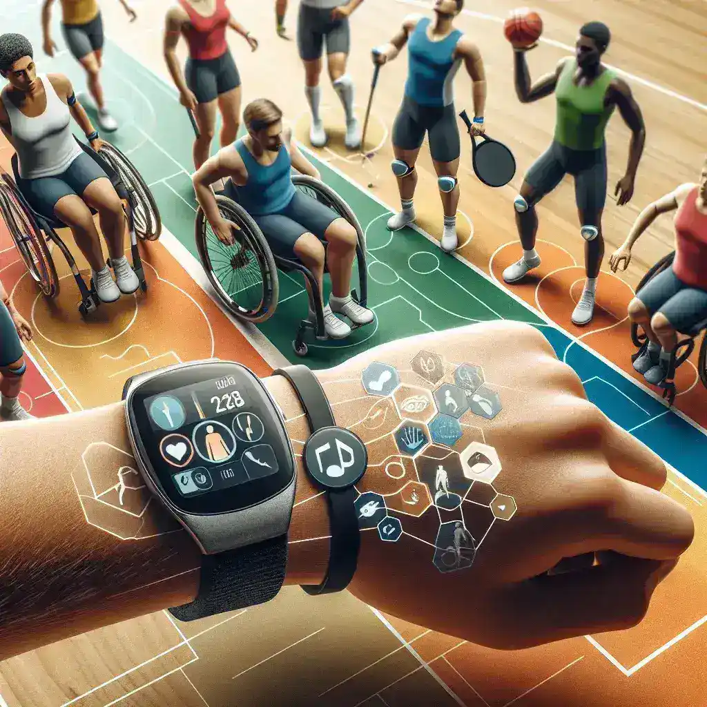 "Atleta paralímpico utilizando dispositivo vestível para monitorar desempenho durante treinamento, destacando a tecnologia avançada em dispositivos de saúde e fitness."