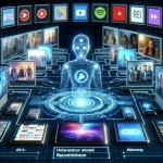 "Plataforma de streaming com interface moderna exibindo sistema de recomendação baseado em IA, destacando filmes e séries personalizadas para usuários."