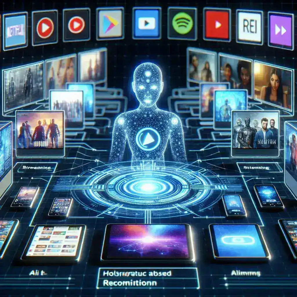"Plataforma de streaming com interface moderna exibindo sistema de recomendação baseado em IA, destacando filmes e séries personalizadas para usuários."