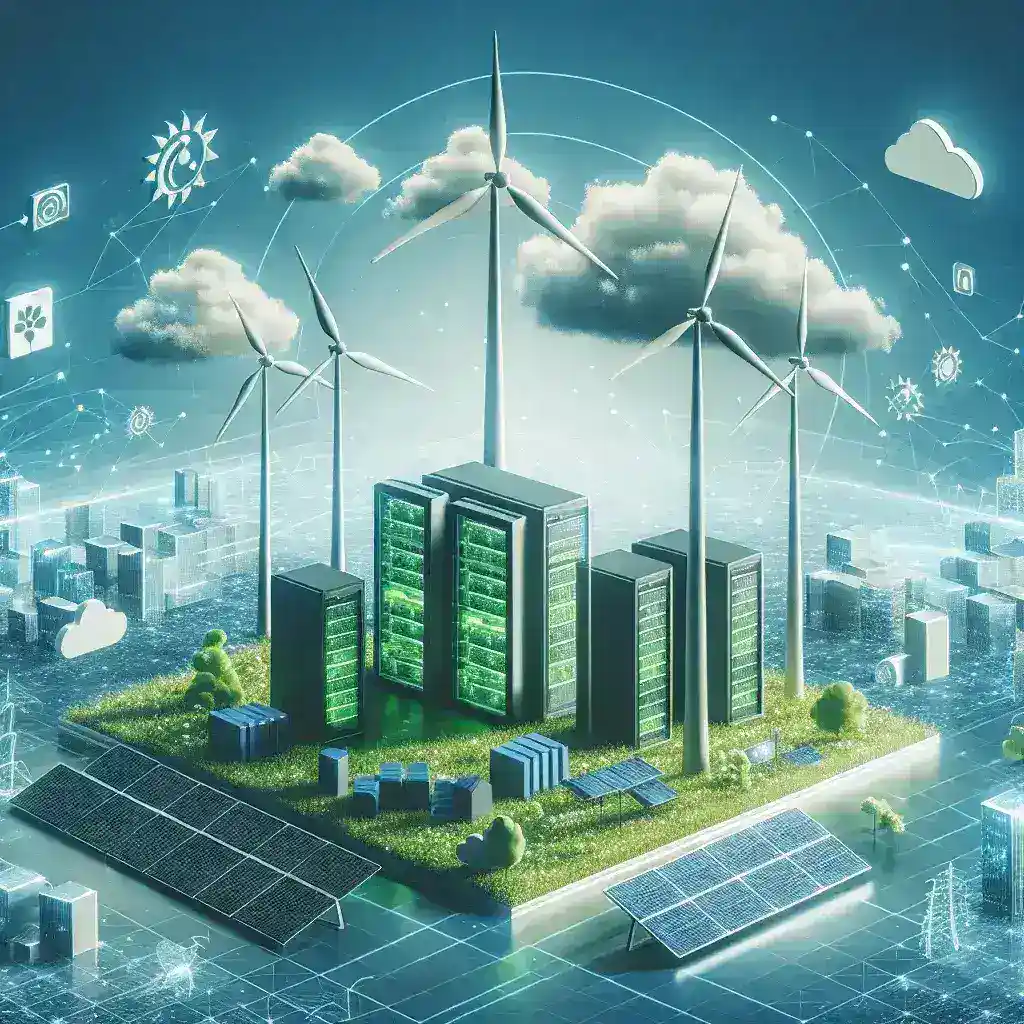 "Vista de um moderno centro de dados verde, destacando servidores eficientes em energia e soluções sustentáveis em TI, ilustrando os conceitos de sustentabilidade digital e Green IT."